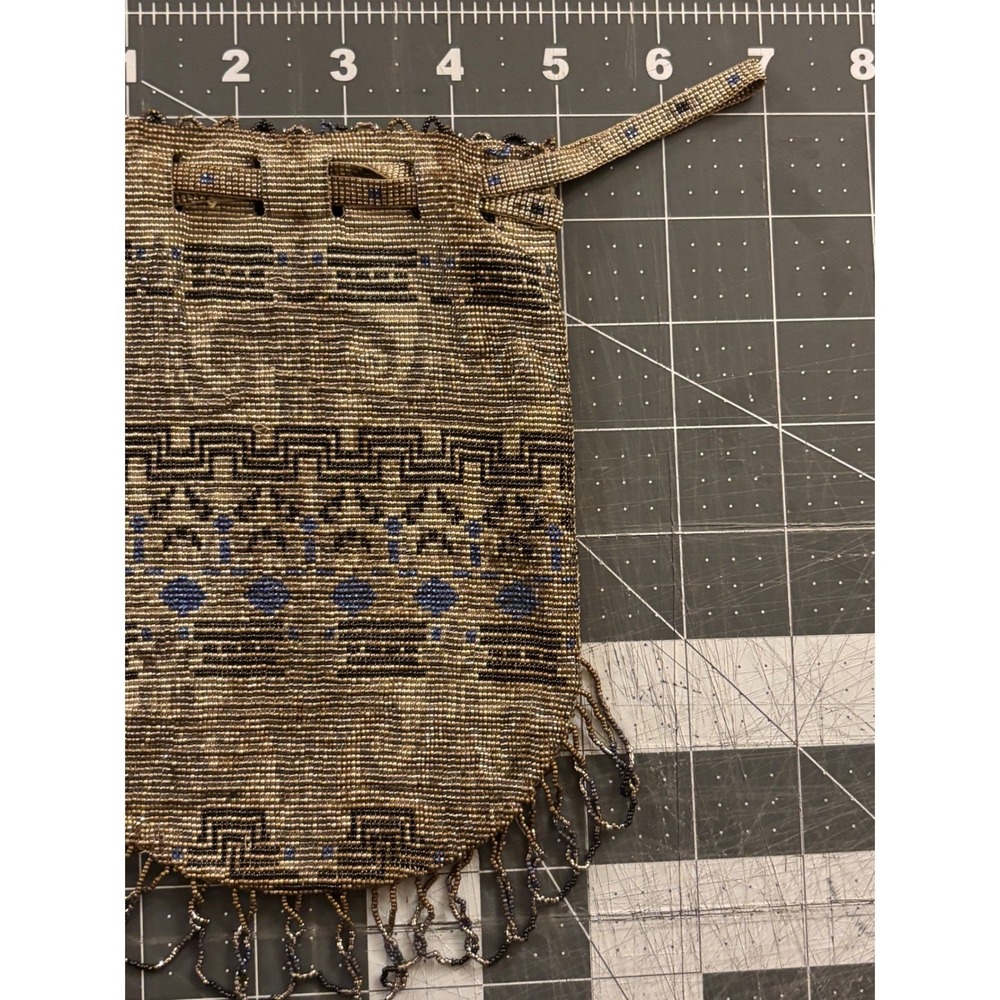 Antique Art Deco flapper Beaded Reticule Drawstring Bag Silver Blue 1920s era - Picture 6 of 8